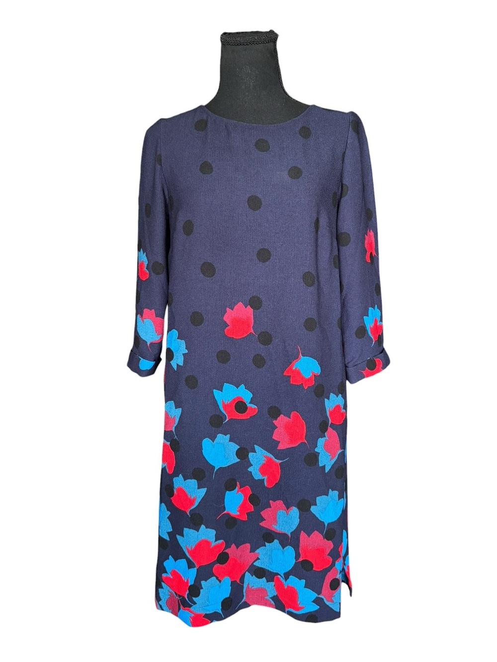 Boden Navy Floral Polka Dot Shift Dress 3/4 Sleeve Mod Retro UK 8L US 4L